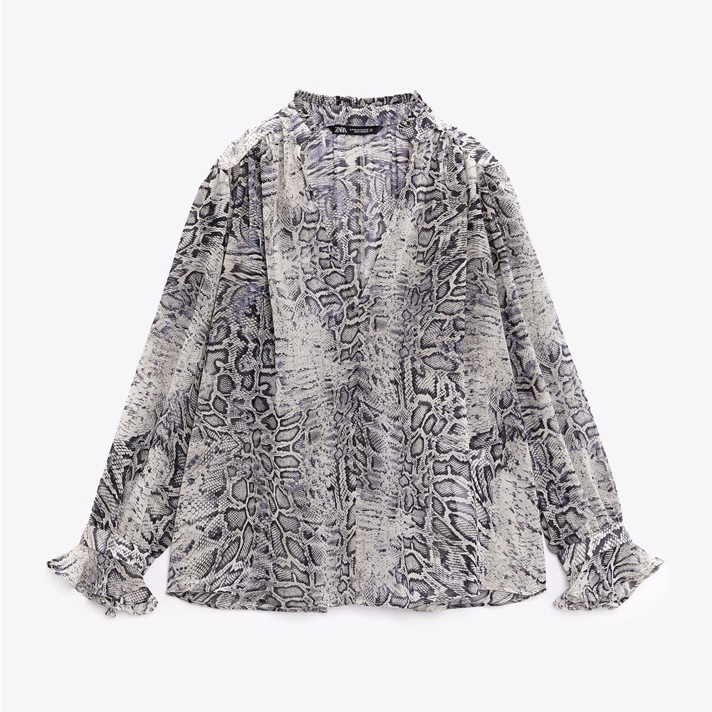 Zara Womens Gray Snake Print Animal Blouse Long Sleeve Shirt V-neck Size S
